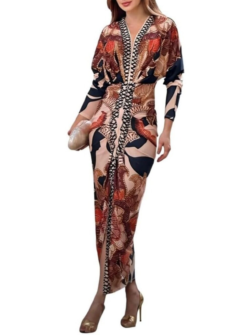 Women's Brown Casual Plunge V Neck Ruched Bodycon Long Sleeve Midi Party Dress